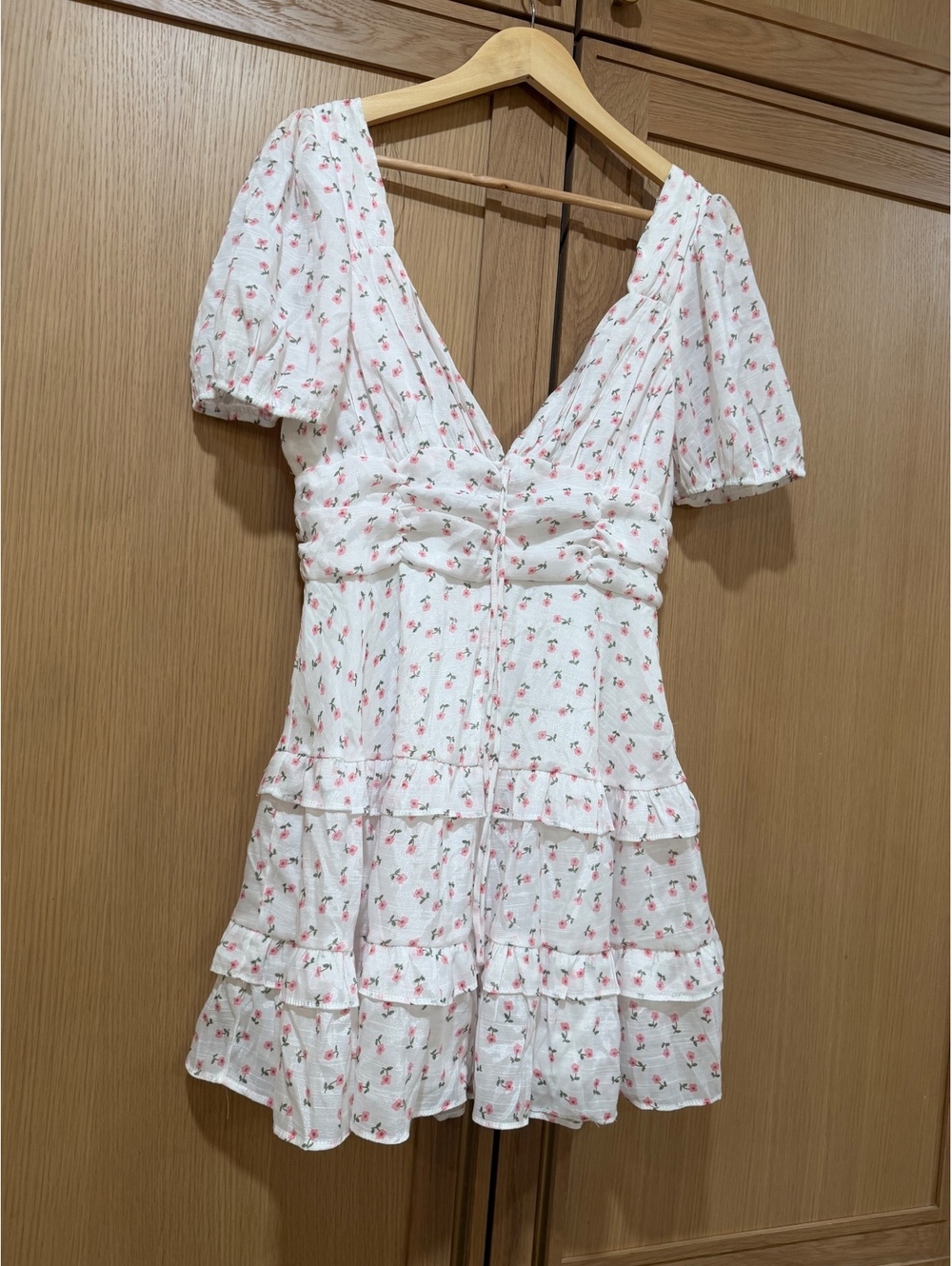 White Pink Floral Puff Sleeve Tiered Mini Dress